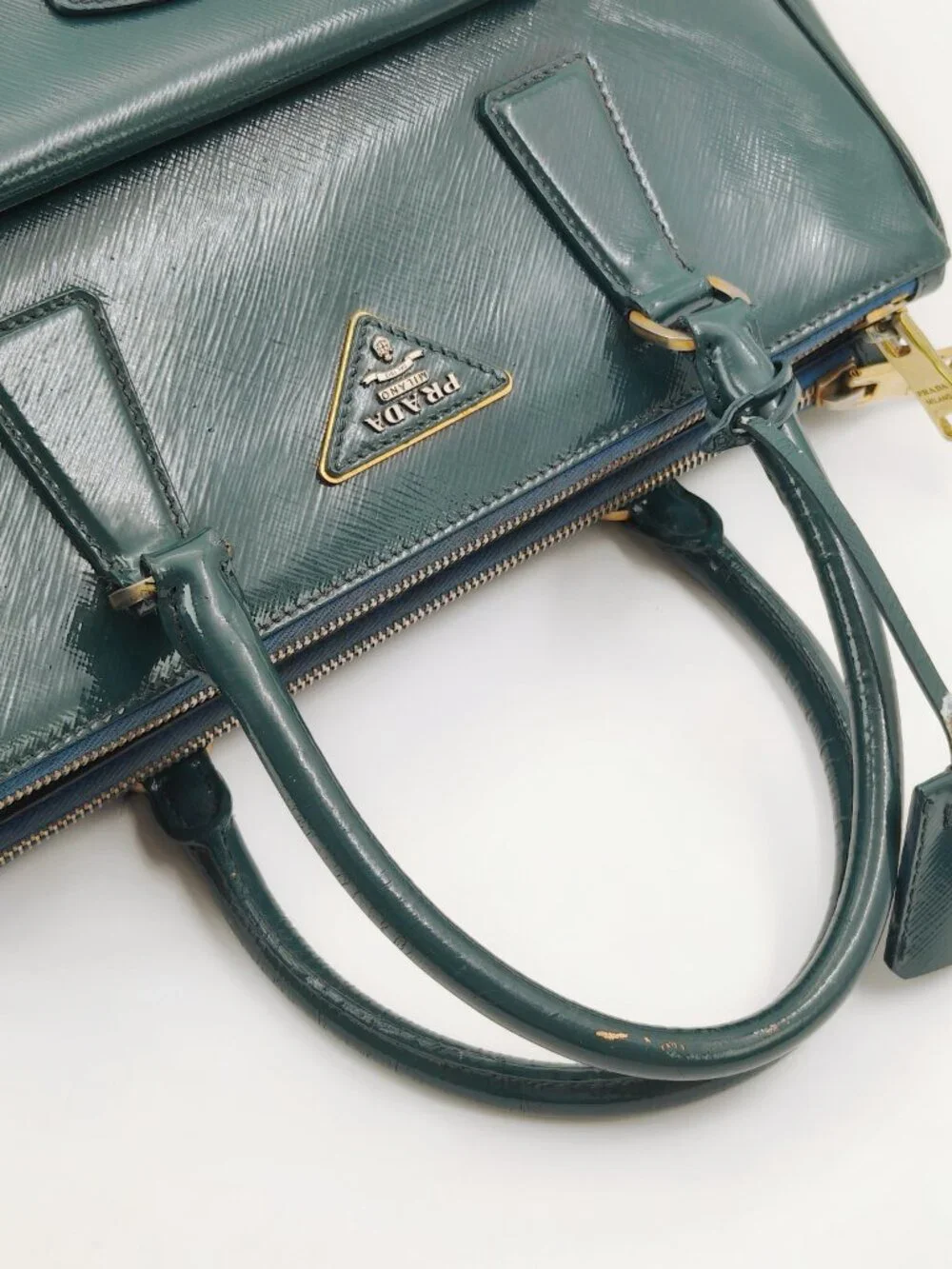 PRADA Vintage Green Saffiano Patent Leather Top Handle Handbag Gold Hardware